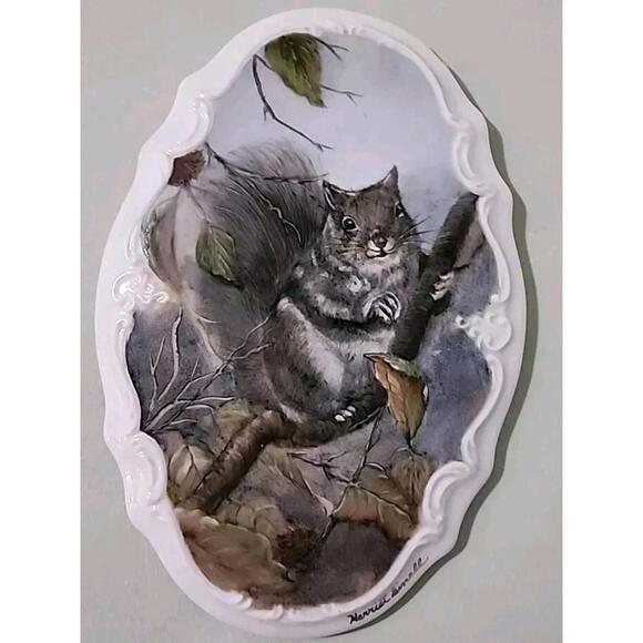 Other - Squirrel Filigree Boarder Porcelain wall Decor Plaque Hand Painted Fine ART